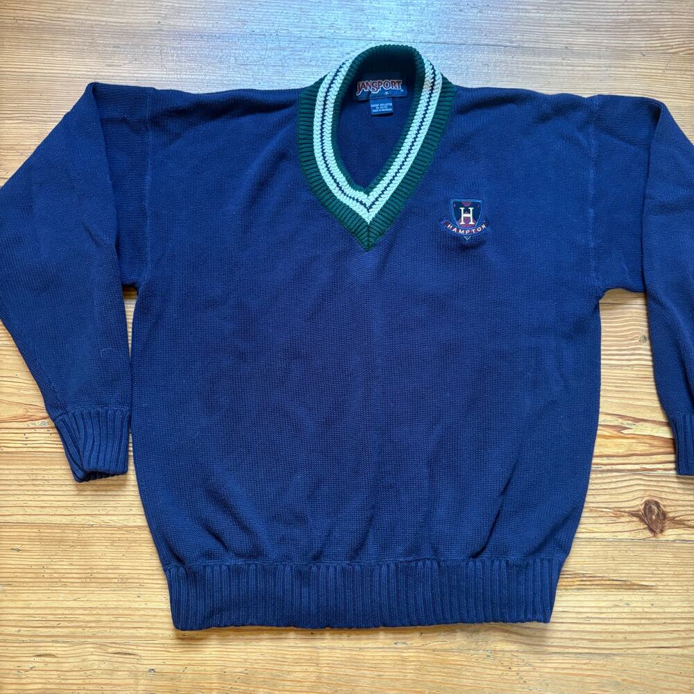 JanSport vintage navy blue varsity Hampton v neck‎ knit mens sweater SIZE XL